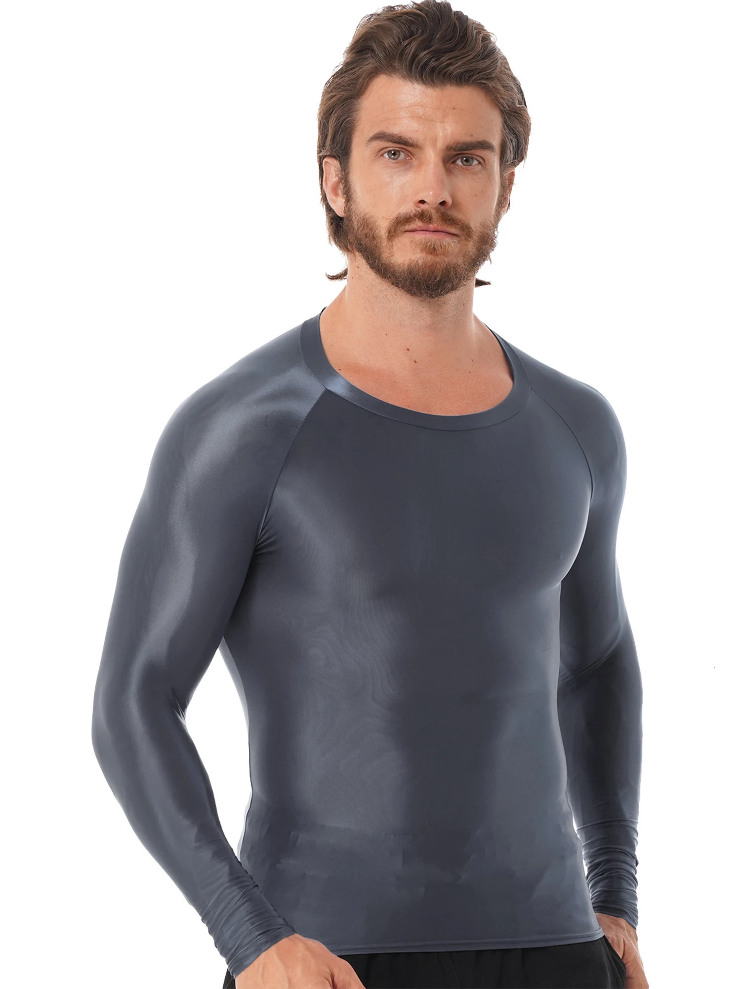 Mens smooth sports top long sleeved T-shirt solid color slim fit breathable fitness gymnastics sports top yoga beach swimsuit 241019