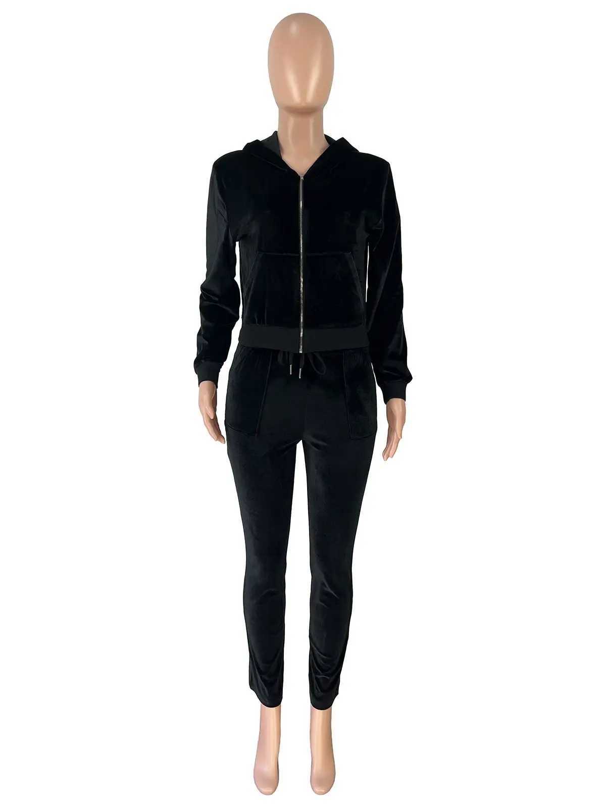 Womens Two Piece Pants Velvet tight fitting jumpsuit womens twopiece zipper hoodie topsports pants matching set lounge clothing sportswear jogging w Y