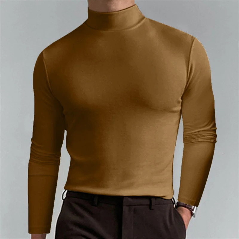 Mens casual slim fit bottom shirt autumn fashion turtle neck long sleeved T-shirt mens sports elastic top solid color T-shirt 241018