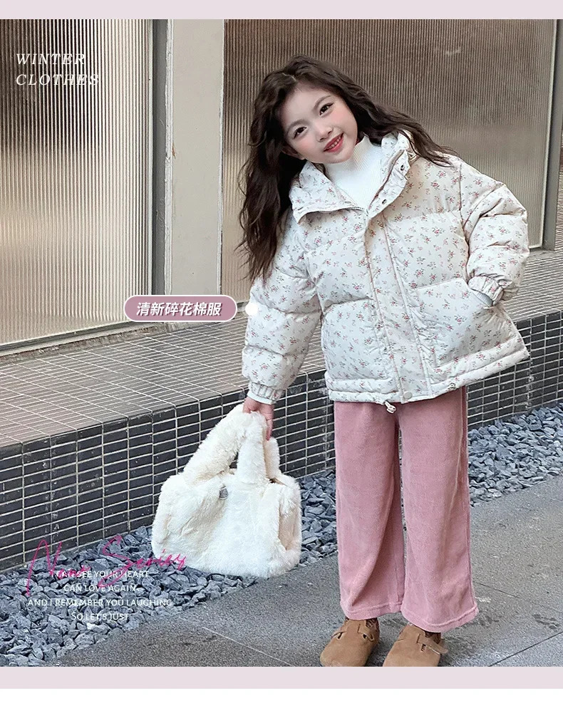 Winter clothing girls floral cotton jacket fashion childrens cotton jacket thick winter cotton jacket 241019