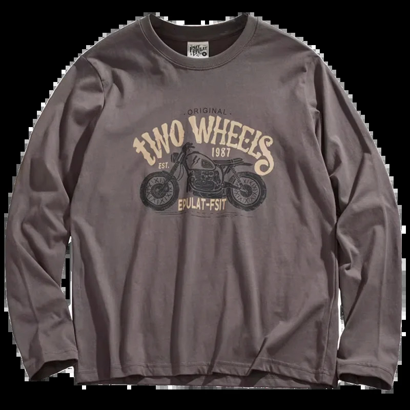 Autumn American Retro Long Sleeve O-neck Motorcycle Printed T-shirt for Men Simple 100% Cotton Laundry Casual Sports Top 241019