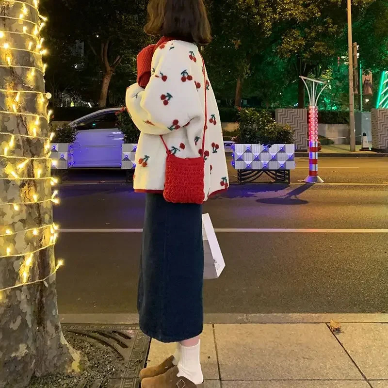 Sweet Cherry Printed Cashmere Coat for Womens Autumn and Winter Loose Cotton Jacket for Womens Fashion Fully Matching O-neck Coat 241019