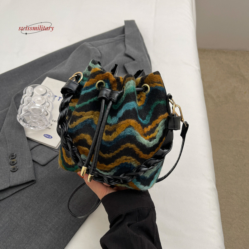 Spring/Summer Bohemian Knitted Pattern Small for Women 2024 New Fashion Color Contrasting Crossbody Pulling Rope Bucket Bag #20 swissmilitary
