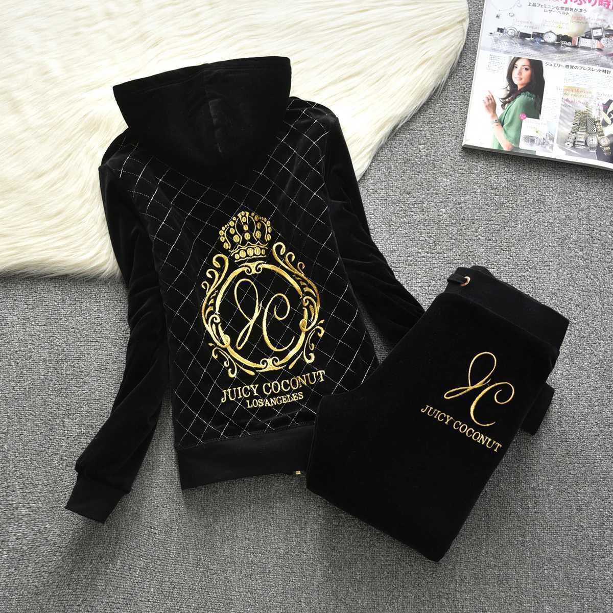 Women's Two Piece Pants Juicy comedy autumn and winter thick velvet womens set warm winter womens 2-piece hooded sweatshirt+thick Trouser Y241019