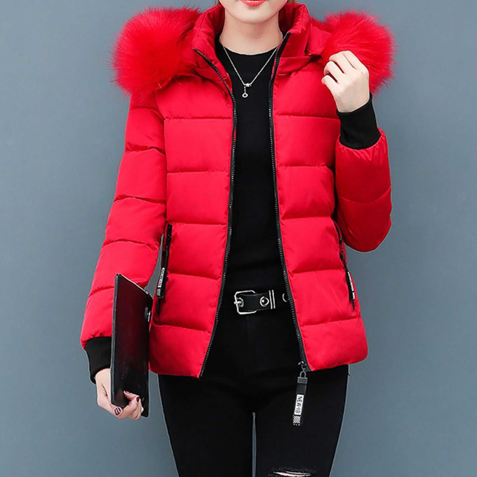 Pink Winter Cotton Puffer Coat Women Fluffy Hooded Zipper Thick Outerwear Lapel Windproof Warm Long Sleeve Down Jacket Fit CoatsX241019