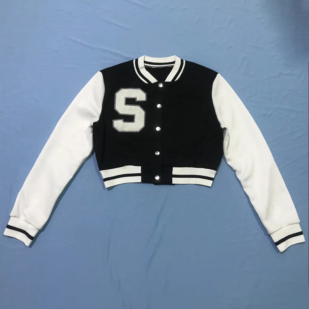 Blue baseball jacket womens letter printed button V-neck long sleeved red bomber jacket black baseball crop autumn top 241019