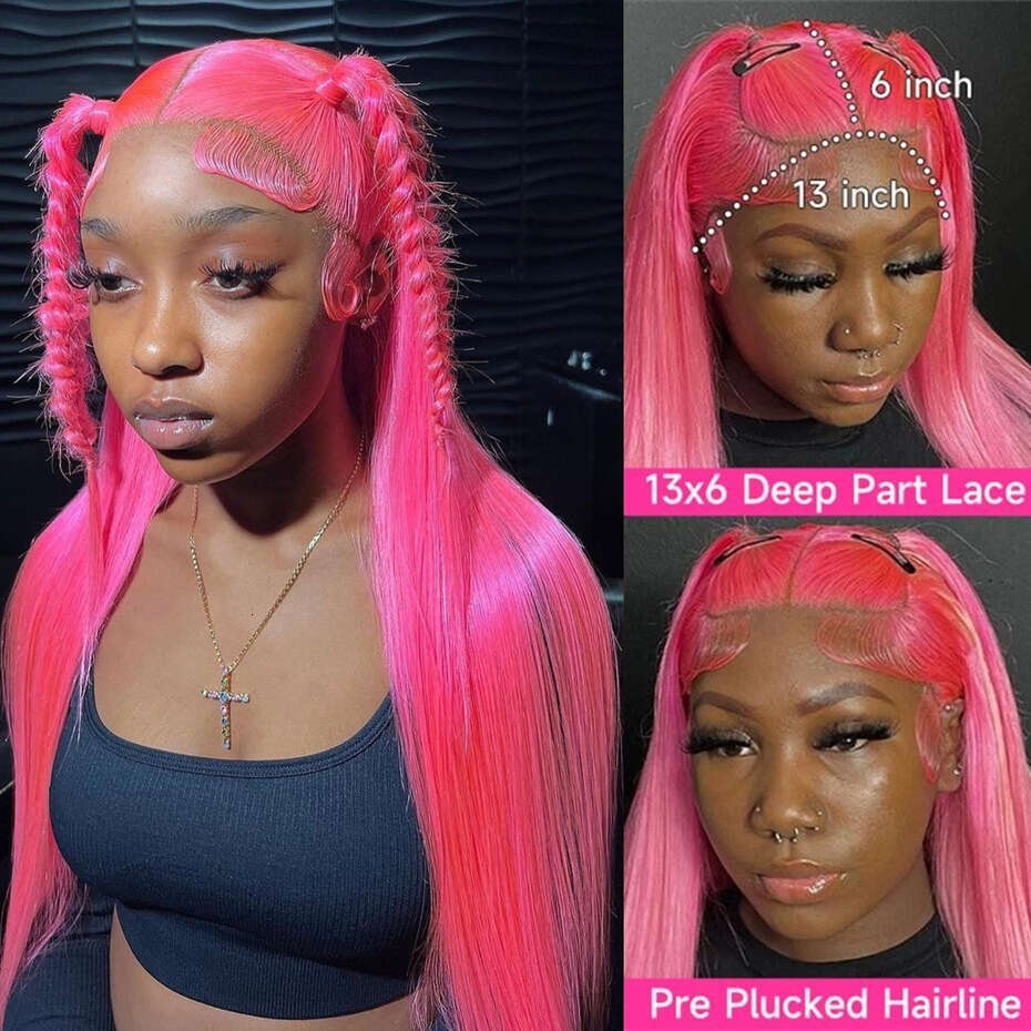 30 36 inch Hot Pink Transparent Front Wig 13x6 Lace Frontal For Women Long Straight Colored Human Hair Wigs