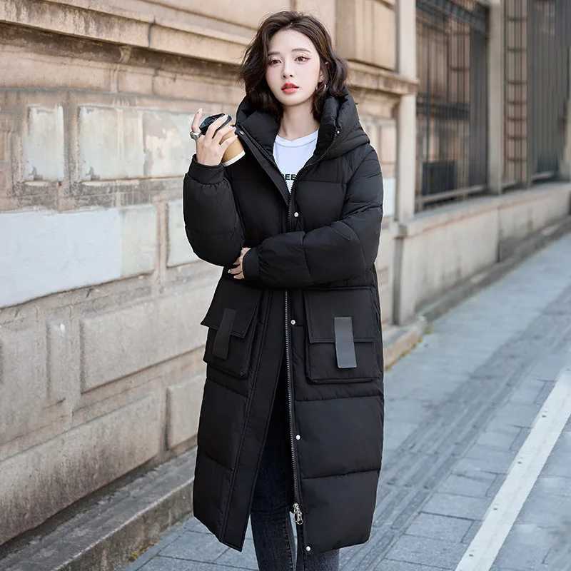 Female Hooded Cotton Down Jackets Fluff Clothing Outerwear Long Winter Maxi Long Women Coat Casual Loose Overcoat Jacket ParkaX241019