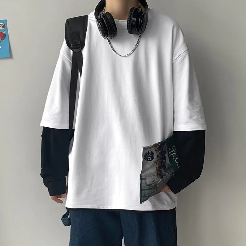 Autumn mens casual long sleeved T-shirt plus size sports shirt mens Korean fashion oversized T-shirt blue two-piece T-shirt 241018