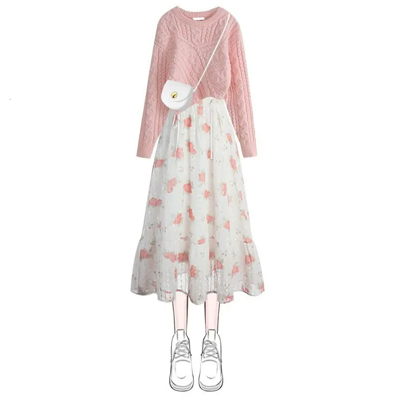 Korea Asymmetric Thick Knitted Sweater Pullover Fashion Printed Dress with Two Elegant Womens Party Dresses 241018