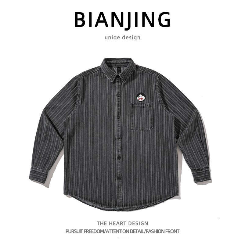 shanshi Men's shirts American badge embroidered striped denim long sleeve men casual cool trendy workwear shirt for men