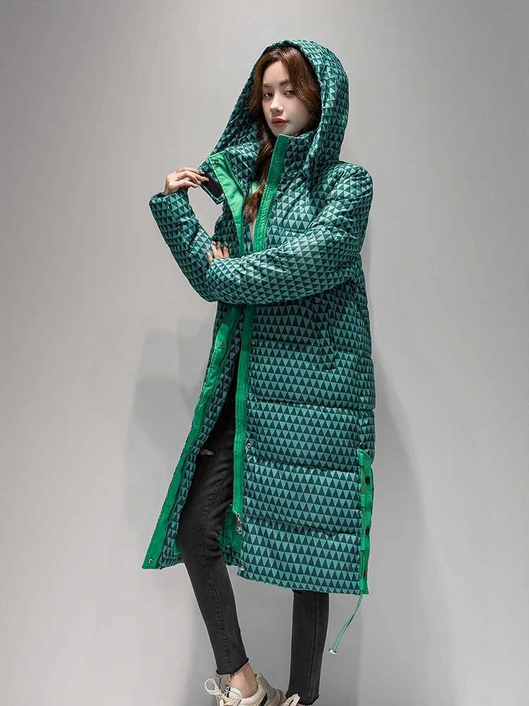 2023 Winter Warm Plaid Long Coat Women s Fashion Thicken Hooded Puffer Jacket Female Windproof Warm OutwearX241019