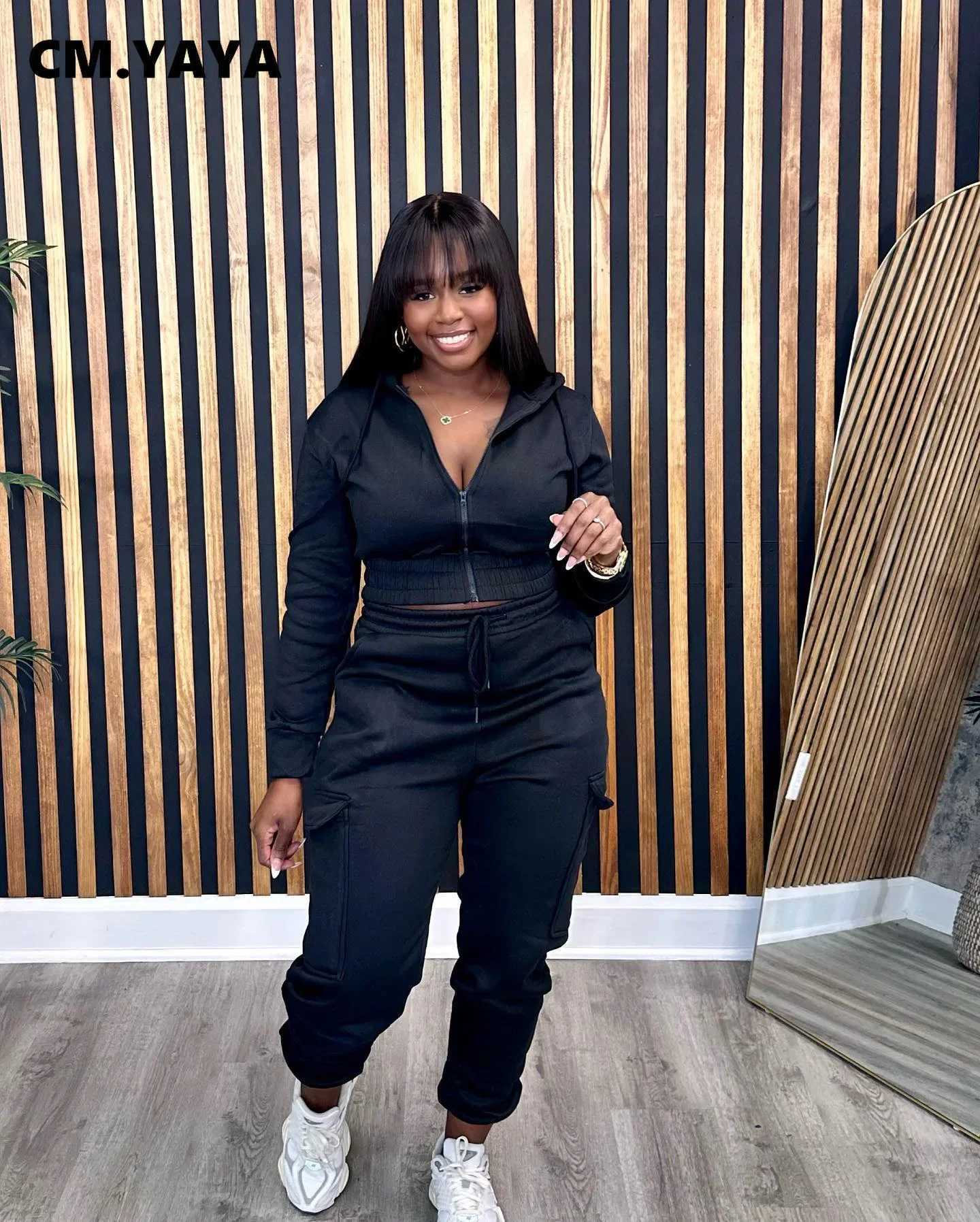 Women's Two Piece Pants CM.YAYA Flce Womens Set Long Sleve Zipper Hoodie and Running Pants 2023 Strt Cargo 2-piece Set Y241019WV5Y