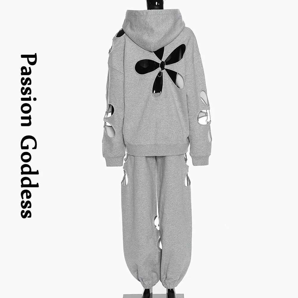 Women's Two Piece Pants Women 2 Piece Tracksuits Petal Cutout Sweatsets Hoodies Sweatshirts Drawstring Sweatpants Flower Hollow Out Two Piece Out