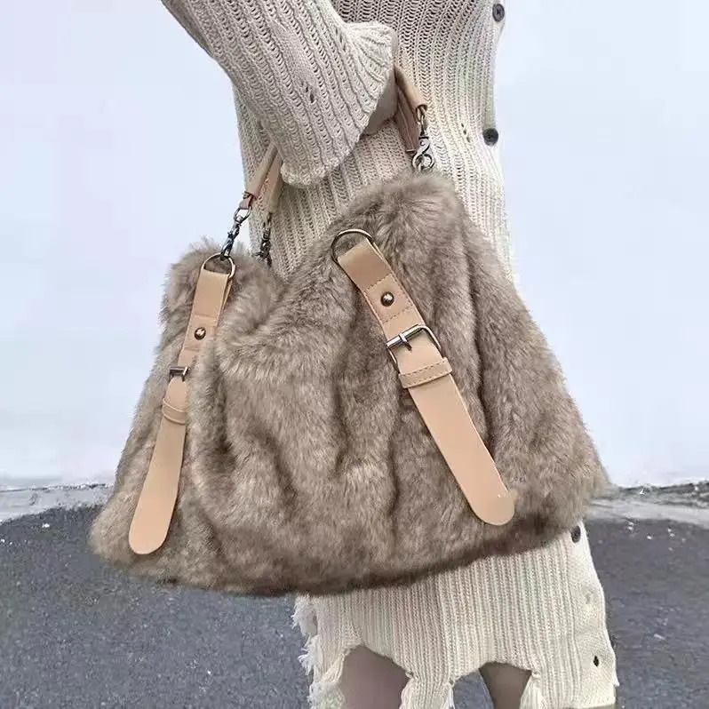 JIAERDI plush large capacity handbag for women retro autumn and winter fur soft khaki handbag for women retro casual messenger bag Y2k 241018