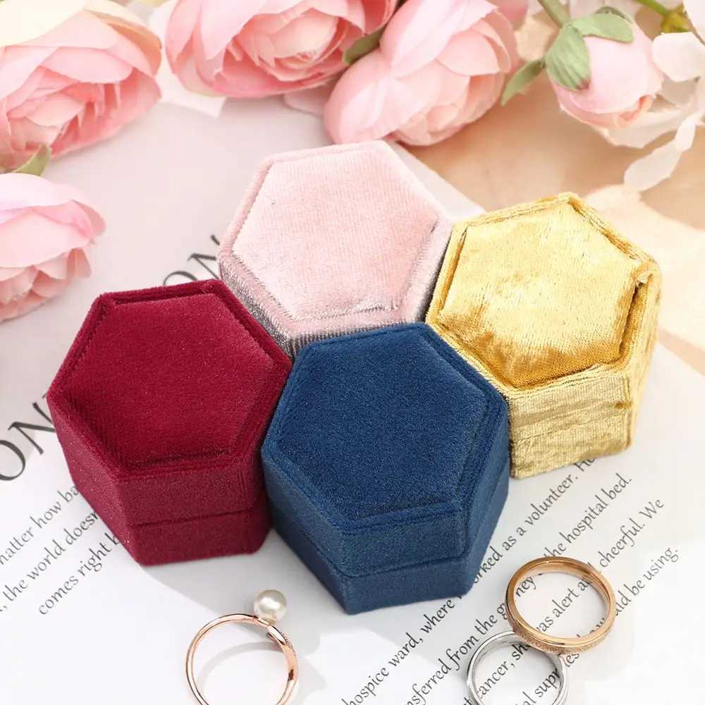 Hexagonal Velvet Jewelry Box Double Ring Storage Box Womens Gift Earring Packaging Box Wedding Ring Display Packaging Box W241019