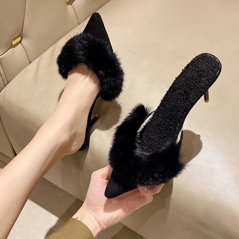 Spring Pointed Toe Mules shoes 2024 womens slippers slip on womens fashionable girls Comfrot high heels party high heels fur sandals 241018