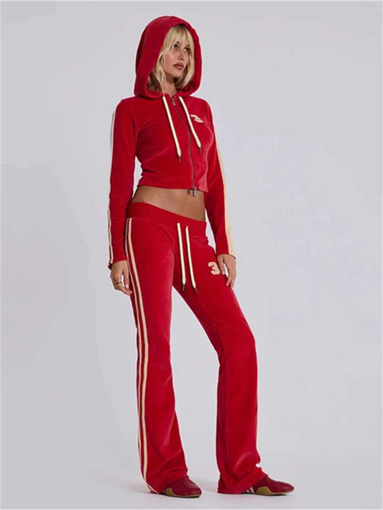 Women's Two Piece Pants Absobe Velvet Y2K 2-piece Womens Zipper Crop Hoodie Top Flash Pants Set Splicing Color Contrast Lace Low Rise Slimming Se