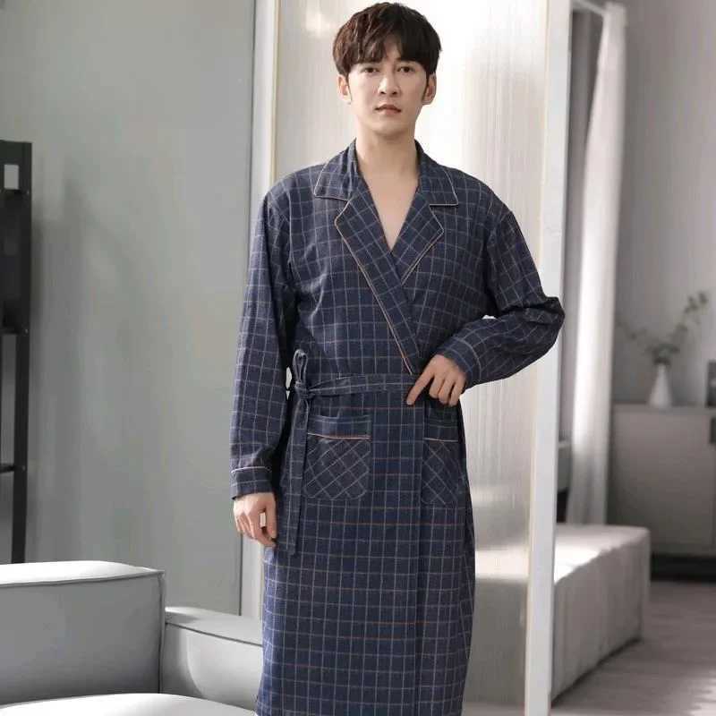 Pure Cotton Long Sleeve Kimono Bathrobe Large Size One-piece Pajamas All Cotton Bathrobe Night Gown Gentleman Spring and AutumnXJ241018