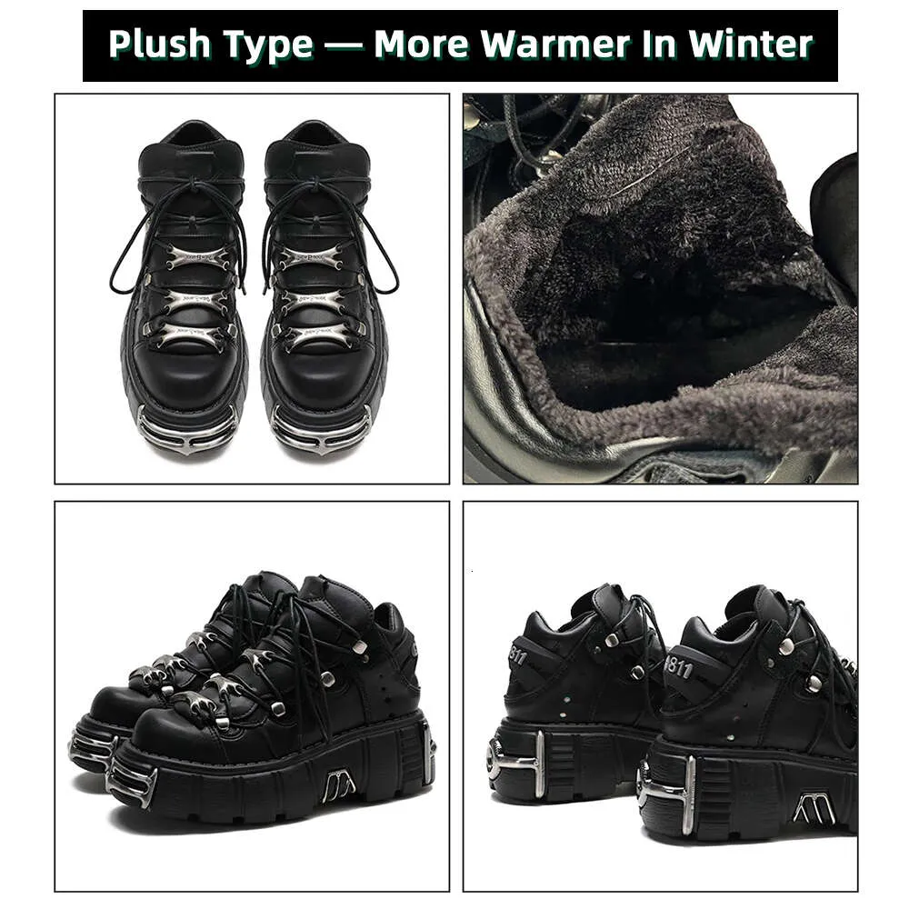 NEW Punk Style Mens Shoes Women Lace-Up Heel Height 6Cm Platform Shoes Gothic Ankle Rock Boots Metal Decor Woman Sneakers