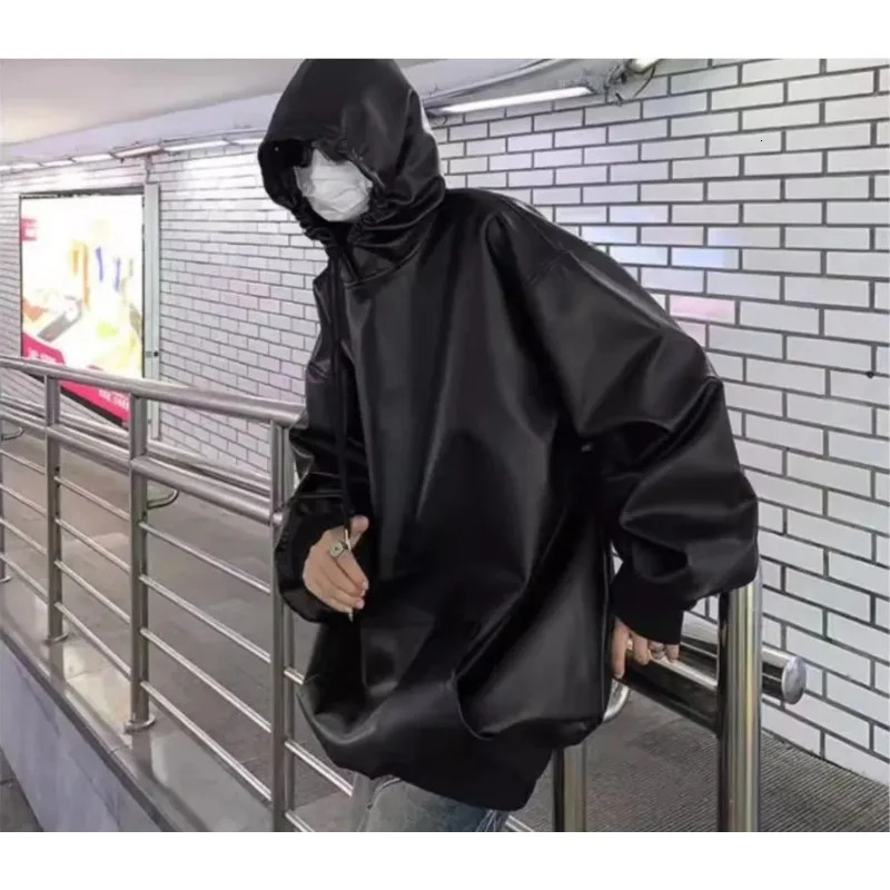 Black Pu Leather Hoodie for Men Spring and Fall Hooded High Street Loose Casual Tshirt Hip Hop Fashion 241019