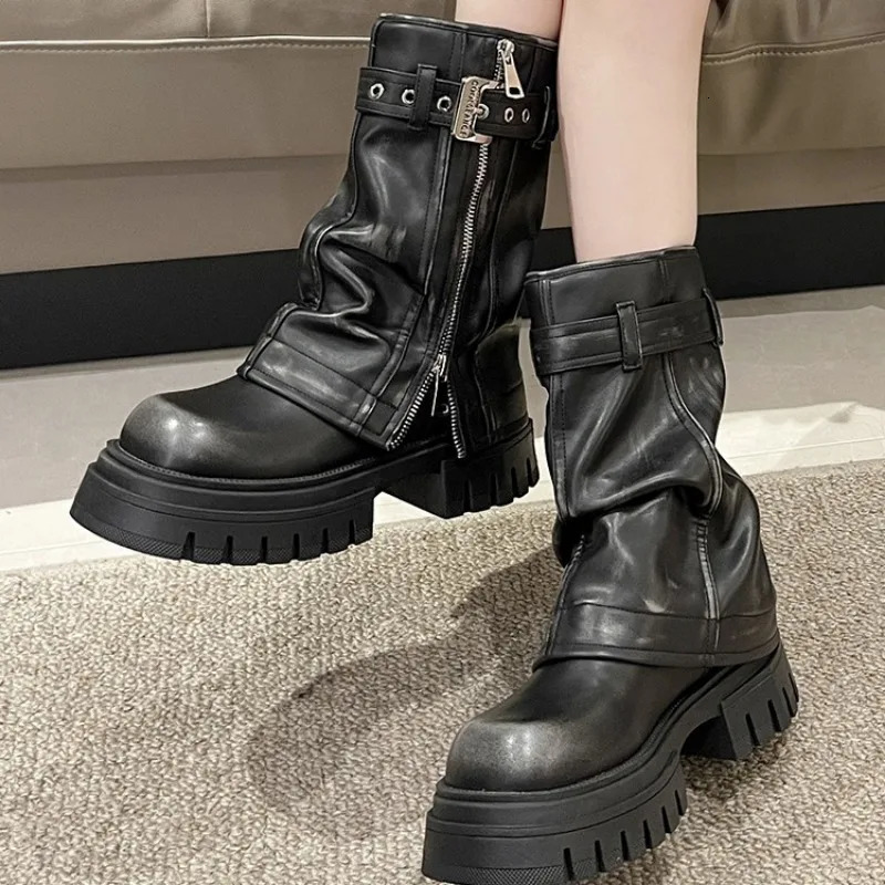 Womens Fashion Boots Womens Thick soled Leather Shoes Zipper and Buckle Boots 2024 Western Anti slip Motorcycle Cool Boots 241018