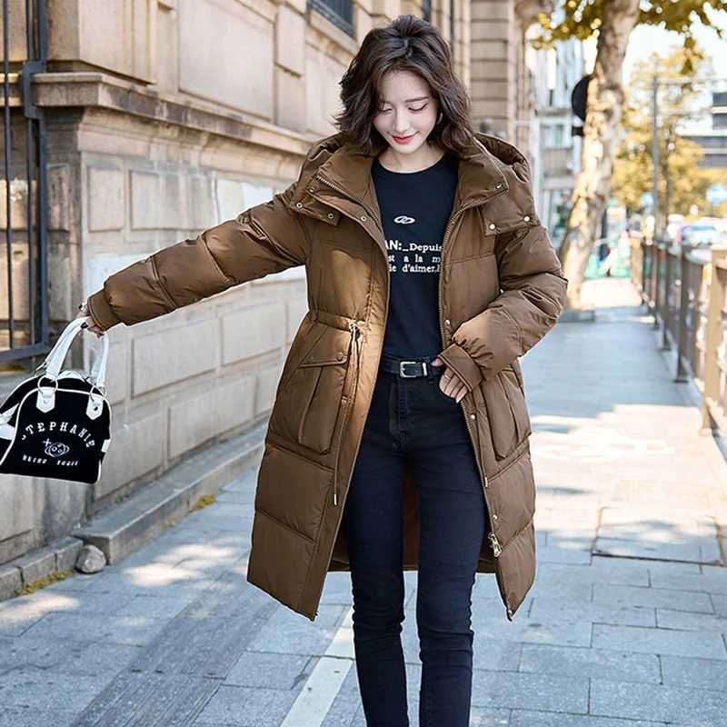 Winter New Mid-length Jacket Warm Thickened Long Over-the-knee Female Coat Waisted Hooded White Duck Down Jacket for WomenX241019