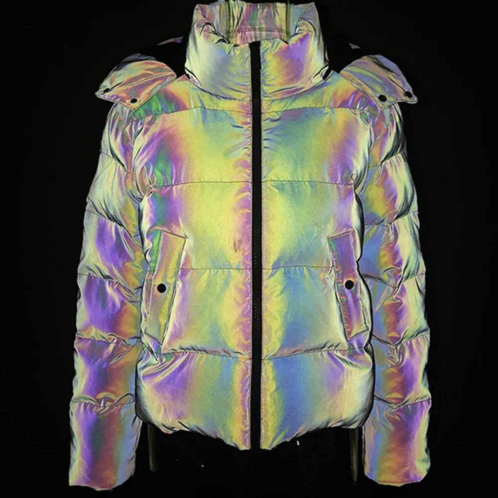 Women's Down Parkas Womens Reflective Hoodie Parkas Down Bubble Jacket Inflatable Jacket Cool Shining Cute Hoodie Thick Coat Y241019JYYI