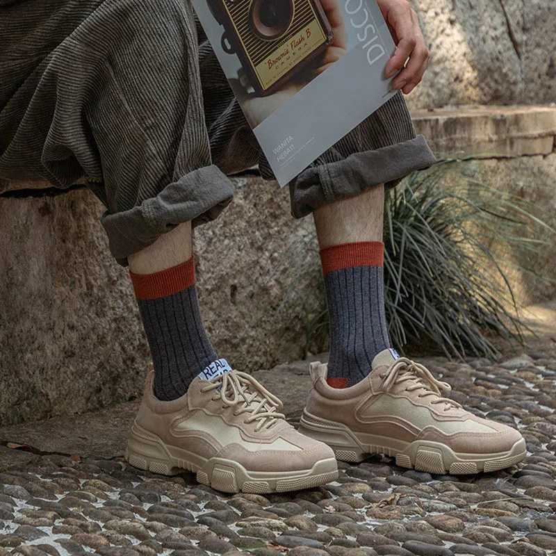 5 Pairs Autumn Winter Men Thickened Warm Socks High Quality Versatile Vintage Warm Comfortable Striped Mid Tube Sports SocksXJ241019