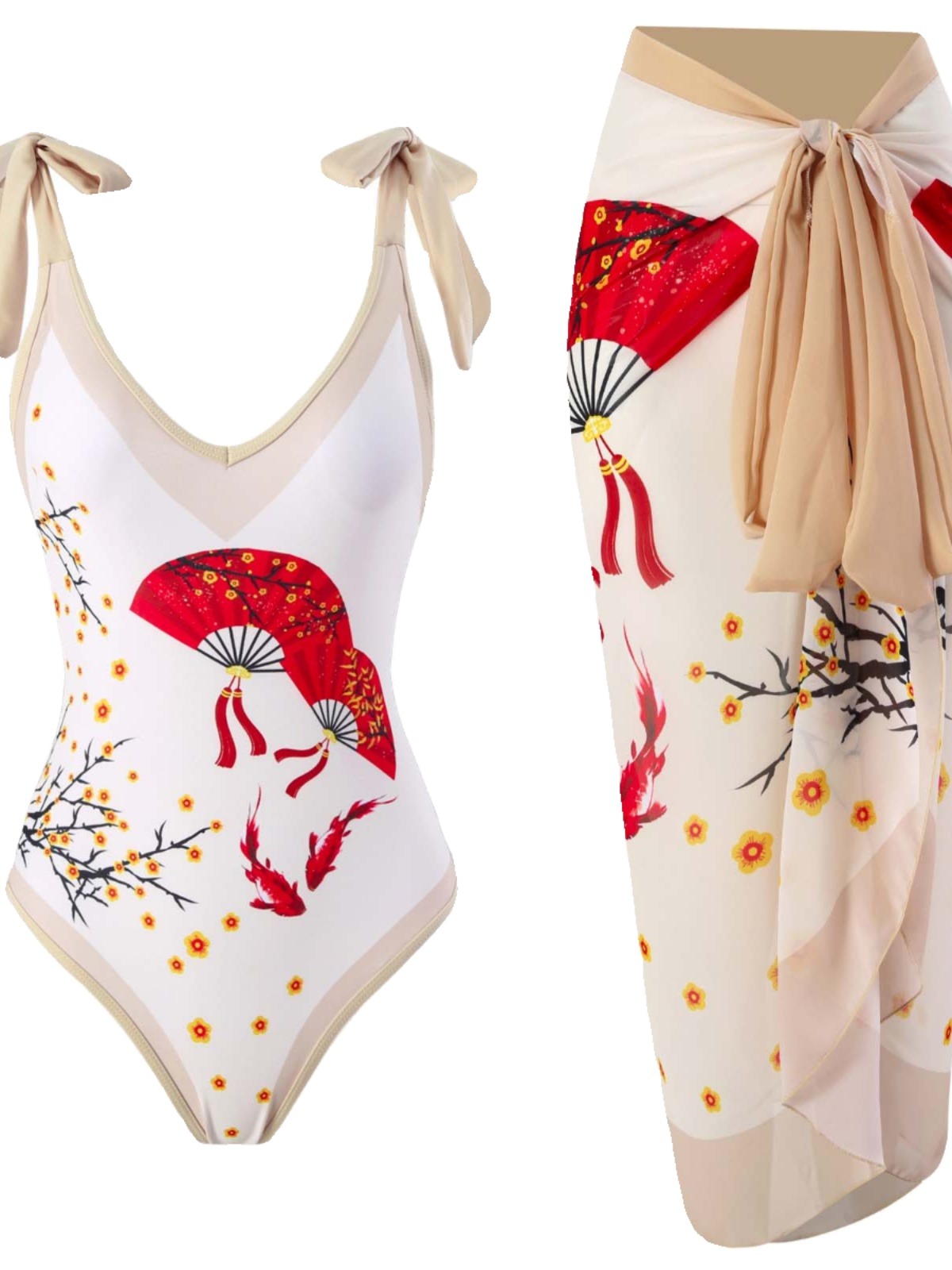 Chinese style one-piece bathing suit for women Hot Spring Beach Dress Sexy slimming belly cover Hot girl holiday high-waisted set