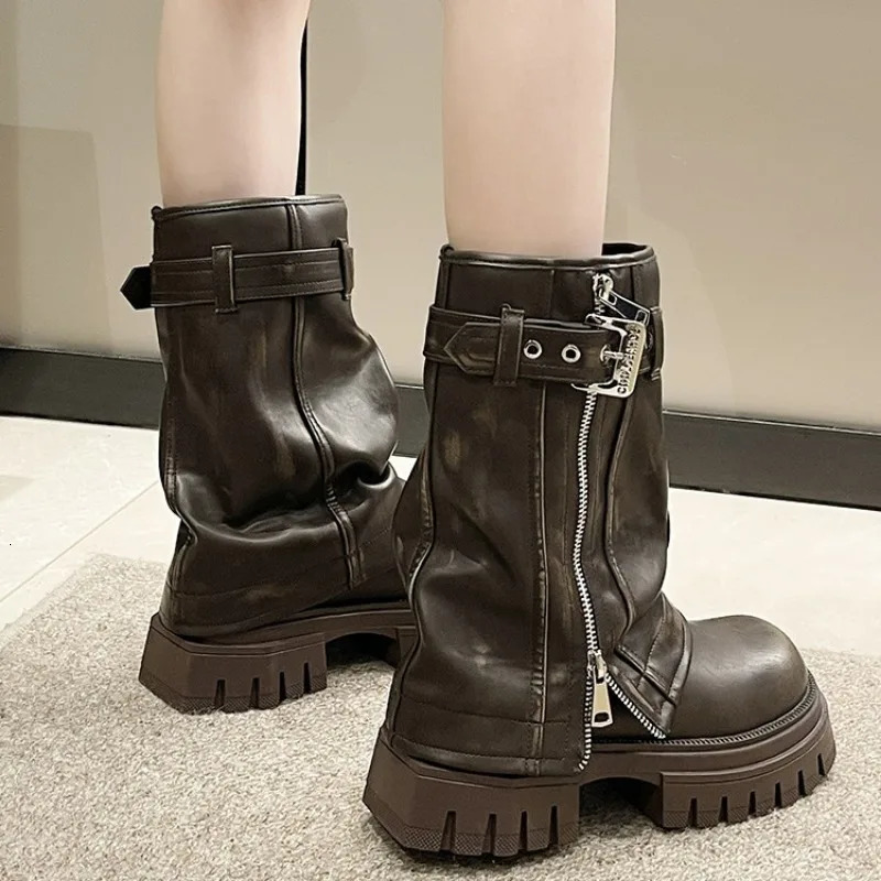 Womens Fashion Boots Womens Thick soled Leather Shoes Zipper and Buckle Boots 2024 Western Anti slip Motorcycle Cool Boots 241018
