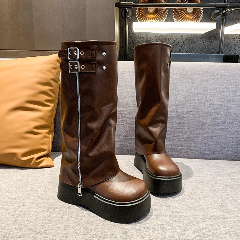 Winter Womens Bicycle Boots Fashion Buckle Womens Platform Wedge High Heel Long Tube Boots Casual Womens Knee High Boots 241018