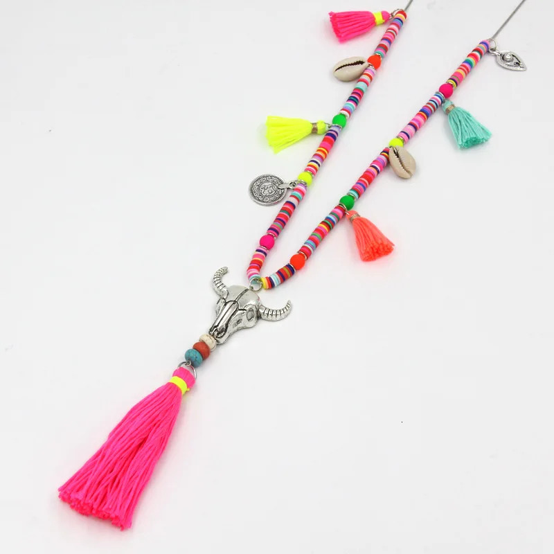 Womens statement necklace polymer clay chain alloy cow head tassel pendant necklace Bohemian jewelry womens sweater chain 241018