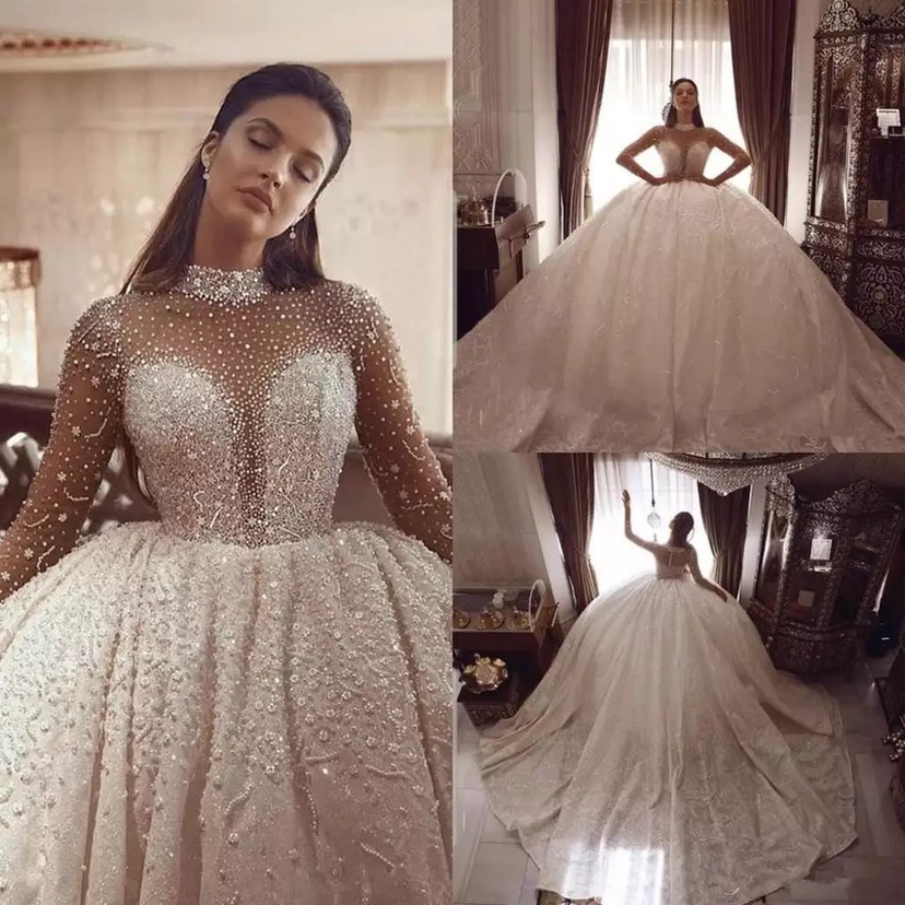Exquisite Ball Gowns Appliques Sequins Beaded High Neck Wedding Dress Long Sleeve Sweep Train Tulle Bridal Dresses Custom Made