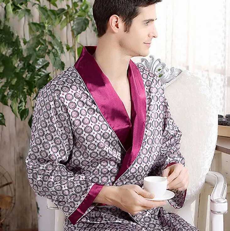 Mens Robe Nightgown Satin Kimono Bathrobe Gown Casual Sleepwear Plus Size Print Gold Home Dressing Gown 3XL 4XL 5XLXJ241018