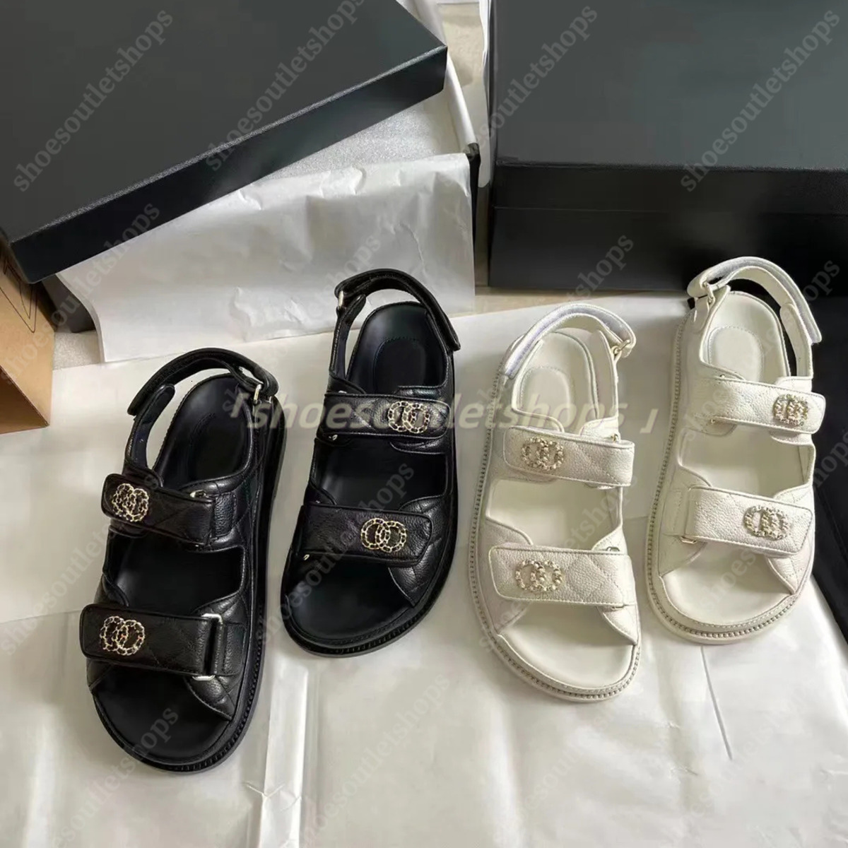 Women Calfskin Dad Sandals Quilted Summer Designer Sandles Shoes Platform Flats Low Heel Wedge Diamond Buckle Sandal Slip Strap Beach Flip Flop 35-42