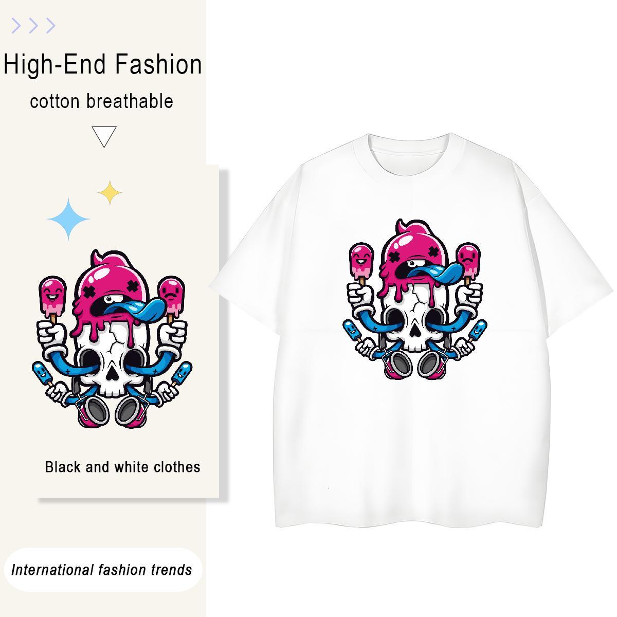 Casual New T shirt 230g Cotton Breathable Short Sleeve Beach skull Tshirt for Man Woman Unisex White Plus Size Tops