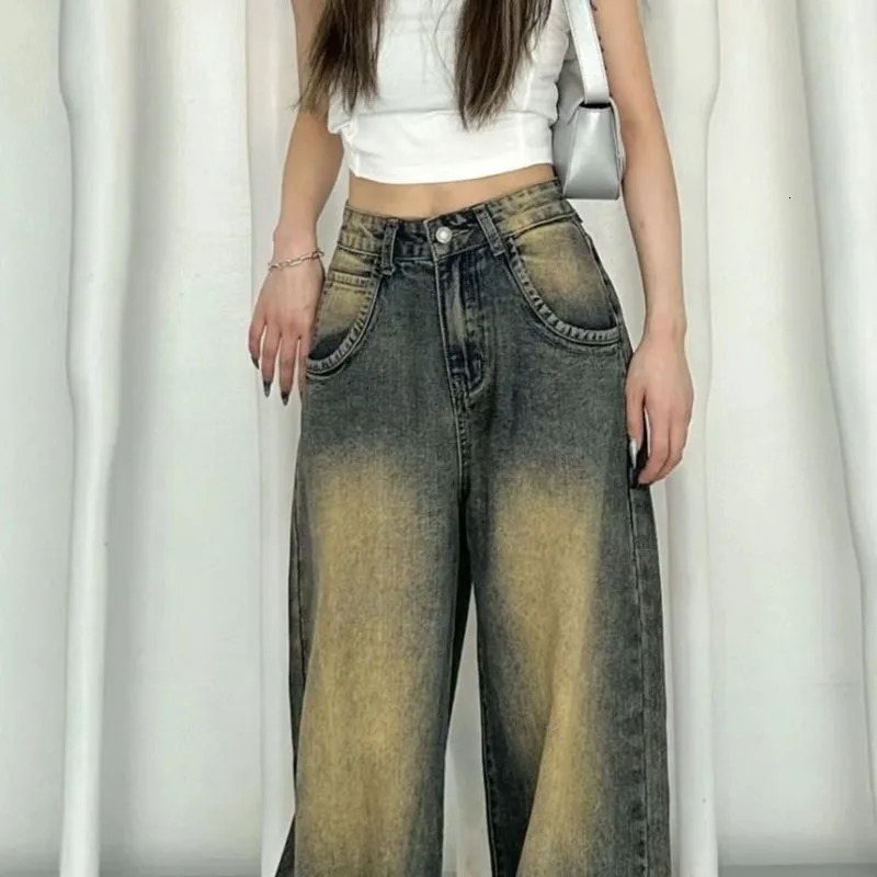 Autumn Winter Fleece Jean Vintage Baggy High Waist Straight Denim Pants Female Streetwear Gradient Old Y2K Trousers 241007