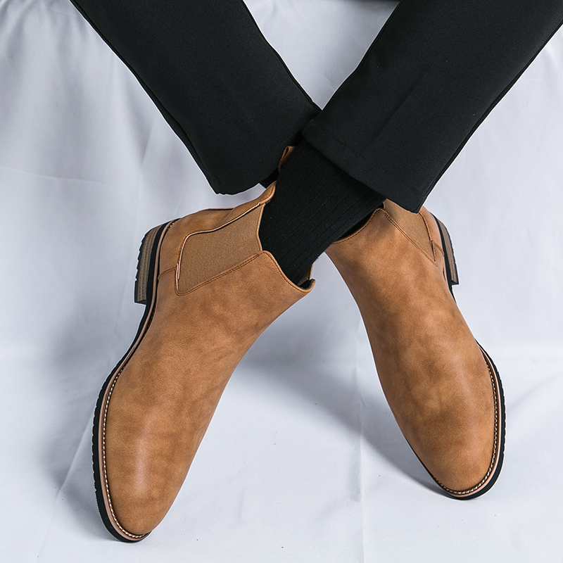 For Men Solid Color Slip On Ankle Boots Flat Short Toed Pointy High Top Pu Leather Shoes Ddmywed ddmythur