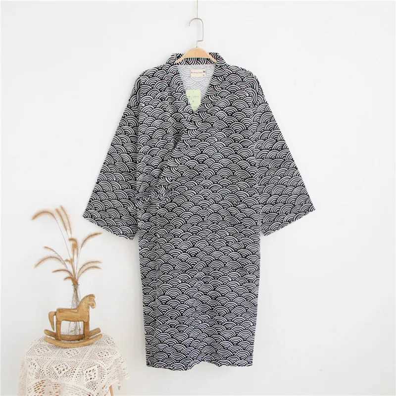 Mens 100% Cotton Gauze Robes Japanese Kimono Robe Three Quarter Bathrobe Black V-Neck Sleepwear Water Ripples Print Sleep TopsXJ241018