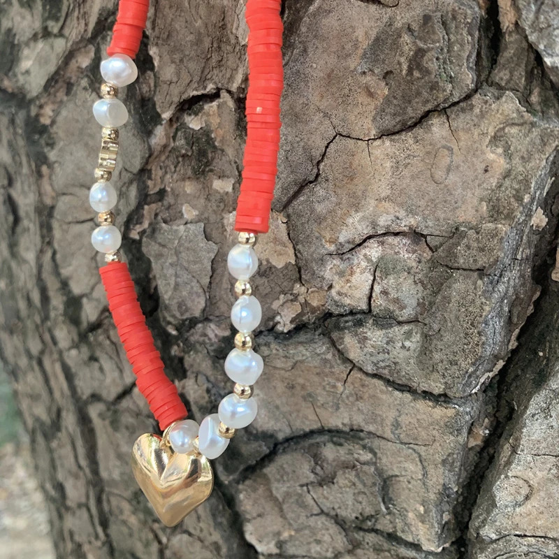 Bohemian Holiday Style Candy Colored Polymer Clay Pearl Stickers Necklace Love Pendant Necklace 241018