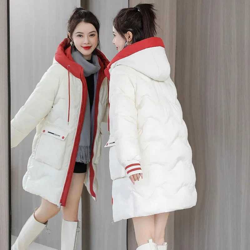 Down Padded Cotton Jacket Womens 2023 New Winter Loose Korean Long Hooded Padded Coat Padded Jacket Thickened Coat Blue YellowX241019