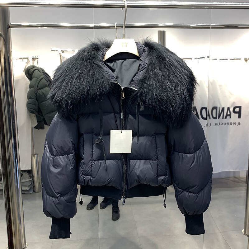 Lagabogy 2024 Winter Puffer Jacket Women Thick Warm Short Parkas Real Natural Raccoon Fur Female Loose 90% White Duck Down Coat