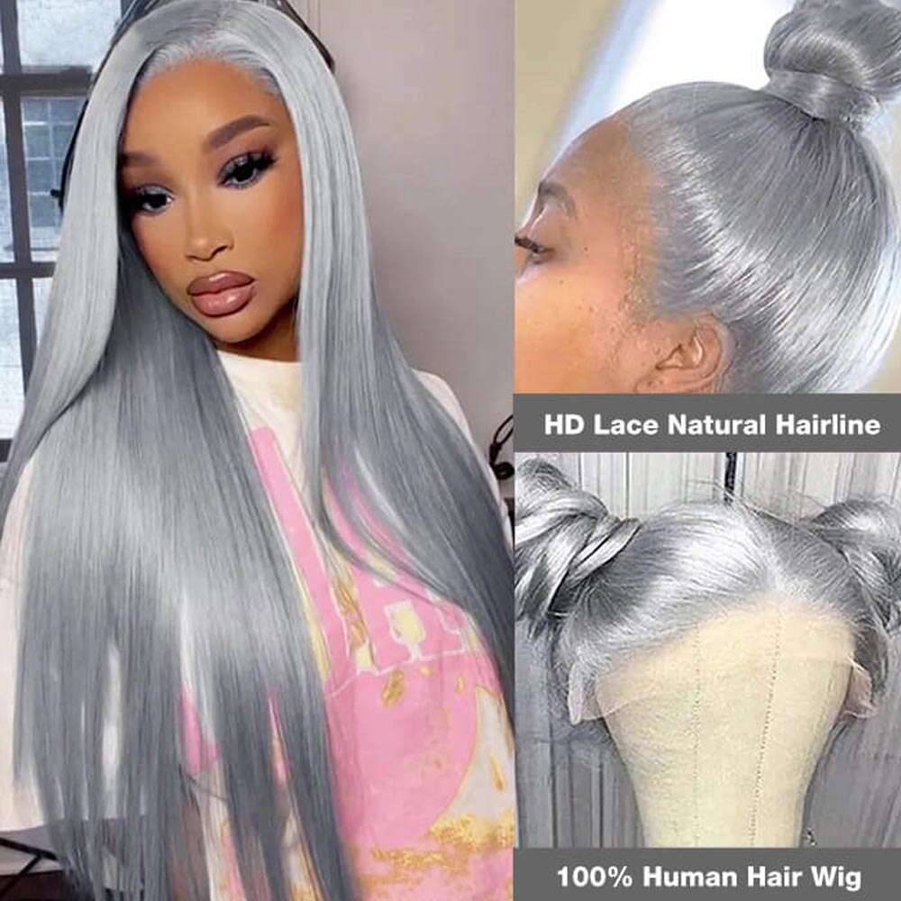 13X4 Hd Frontal Sier Grey Lace Front Wig Remy Brazilian Bone Straight Human Hair Wigs For Women