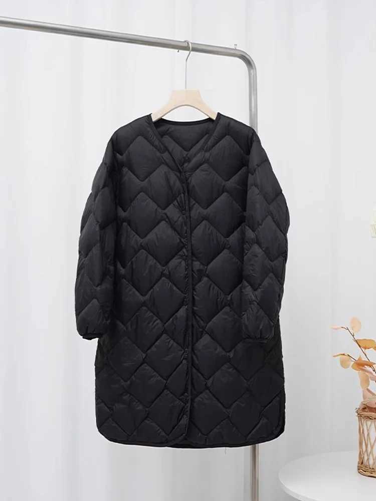 0-10 Korean Style Women Winter Coats 2024 New Autumn Ultra Light Long Duck Down Jackets Collarless Windproof Puffer ParkasX241019