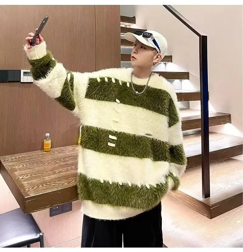 Mens Sweater Striped Contrasting Sweater Mink Fur Japanese Vintage Style Knitted Top Loose Lazy Style Furry Pullover Knitted 241007