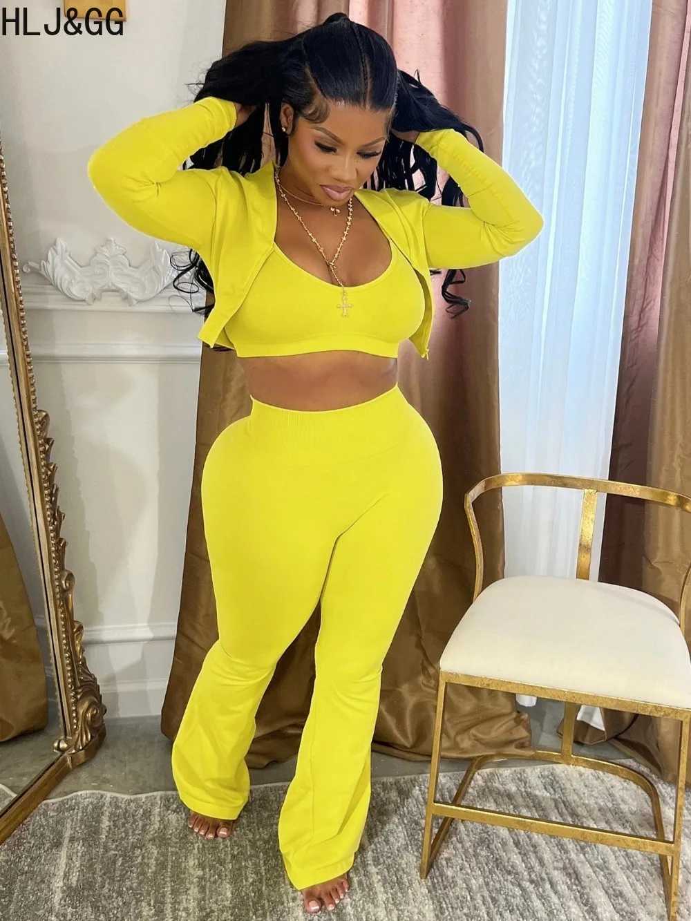Women's Two Piece Pants HLJ GG Fashion Solid Tight 3-Piece Set Womens Low Cut Tank Top+Long Sleve Coat+Pants Set Casual Womens Sportswear Y241019