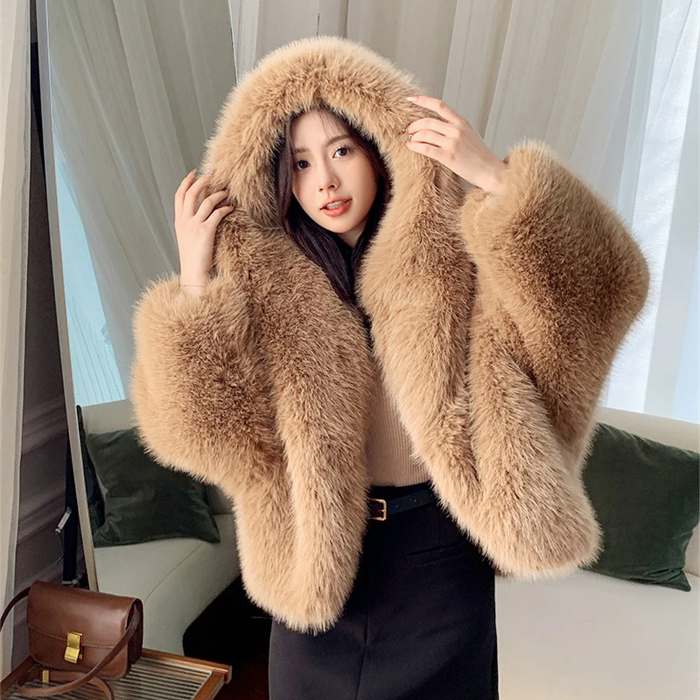 Winter Womens Thick Coat Artificial Fur Autumn Winter Collar Hat Fur Coat Womens Unique Long Sleeve Crop Extra Large Warm Coat 241018