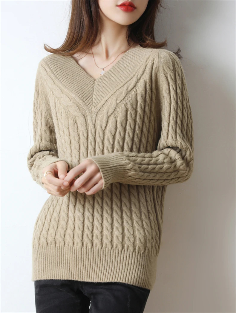 Cashmere sweater womens V-neck sweater solid color knitted turtle neck sweater loose plus size sweater womens 241019