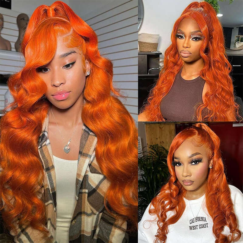 Orange Body Ginger Wave x Transparent Lace Front Wig Human Hair for Women Colored Pre Plucked Natural Hairline line